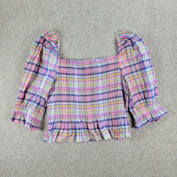 Tommy Hilfiger Smocked Plaid Top Womens XL Pink Puff Sleeve Cropped Peplum New - Picture 6 of 13